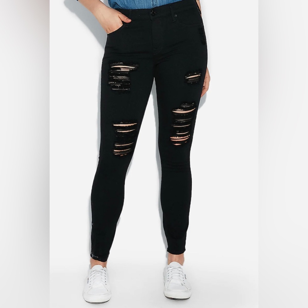 Black Mid Rise Ripped Jean Leggings